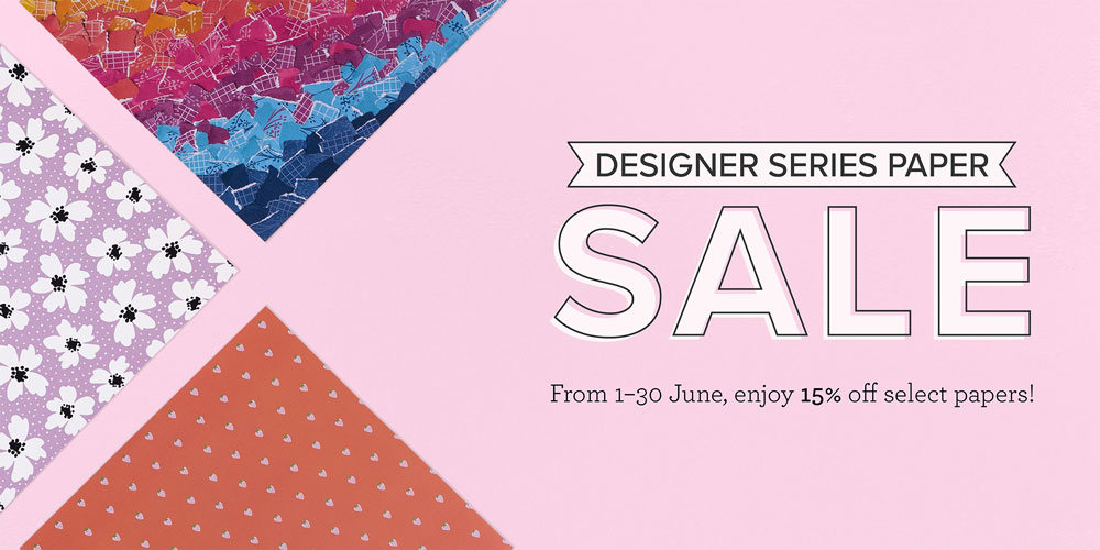 promotion banner with details of sale on designer series paper from stampin' up!